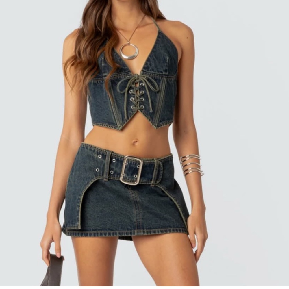 Denim Halter Top and Skirt Set TOP IS SMALL BOTTOMS ARE MEDIUM